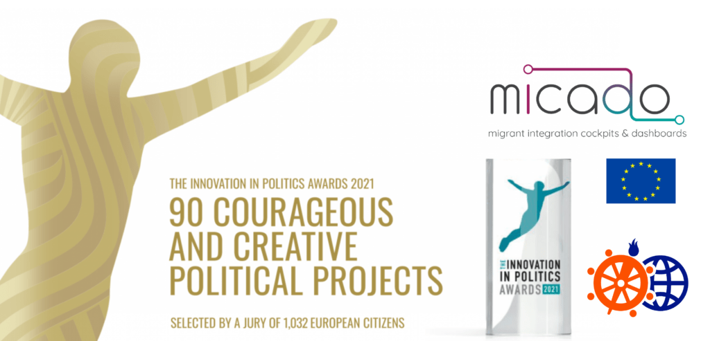 Cartel "90 courageous and creative political proyects" del Innovation in politics institute"